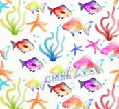 水彩绘水草海星和鱼无缝背景