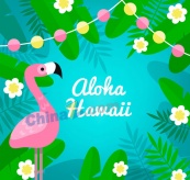 彩色夏威夷火烈鸟和花草矢量图