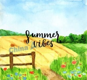 水彩绘夏季田地风景矢量素材
