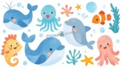 可爱海洋生物合集矢量插图