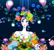 彩墨花纹美女矢量图下载