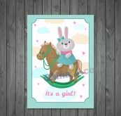 可爱骑木马的兔子迎婴贺卡
