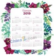 2019年彩绘花卉边框年历矢量图