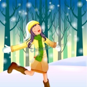 冬季树林少女插画矢量设计