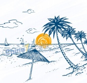 彩绘夏季海滩棕榈树风景矢量