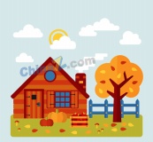 秋季小木屋和树木风景矢量图