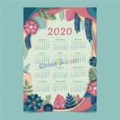 2020年热带花卉边框日历矢量模板