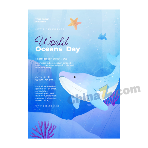 世界海洋日水彩传单海报矢量下载