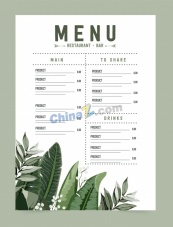 树叶装饰餐厅菜单模板矢量
