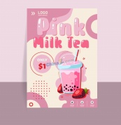 粉红草莓奶茶果汁广告矢量模板