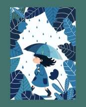 蓝色调植物背景少女撑伞矢量