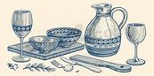 欧式地中海餐具线稿组矢量素材