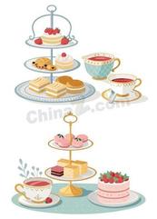 英伦下午茶点心架矢量模板插画