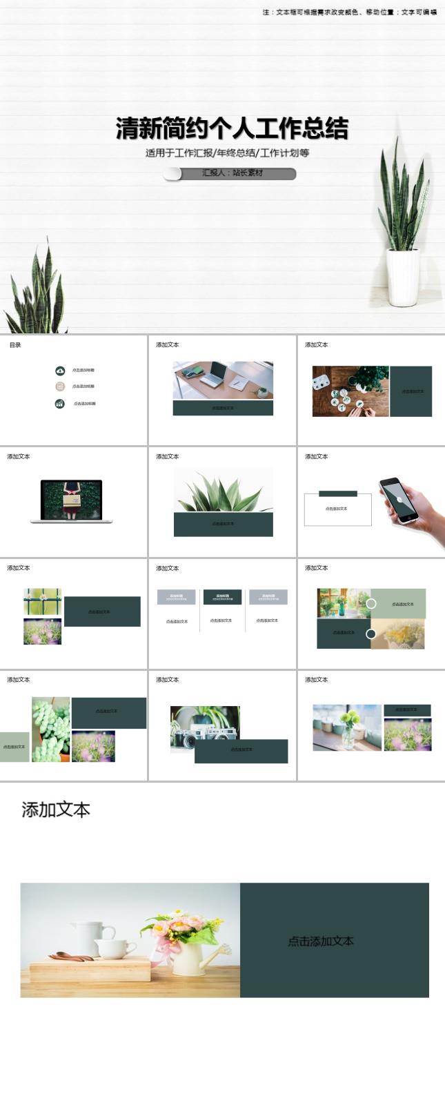 清新简约绿植个人工作总结PPT模板