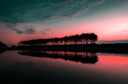 黄昏下湖面树木剪影图片