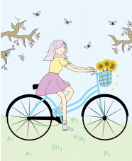 春日单车女孩插画图片