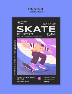 滑板运动卡通插画风格海报PSD模板