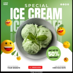 绿色冰激凌方形折扣海报PSD