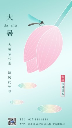 大暑荷花蜻蜓插画海报