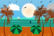 夏天海边沙滩棕榈树卡通插画图片
