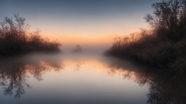秋天雾气朦胧湖泊风景图片