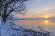 冬季湖边雪地日出风景图片