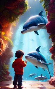 小男孩和海豚治愈系卡通图片