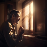 坐在窗户前祷告的男人图片