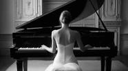 美女弹钢琴背影黑白摄影图片