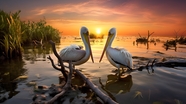 日暮黄昏湖沼鹈鹕摄影图片