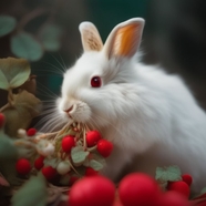 正在吃红色浆果的可爱小白兔图片