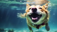 水中自在潜水的日本秋田犬图片