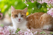 蹲在粉色花朵旁的可爱小猫图片