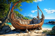 一艘古老的小木船停放在沙滩上图片