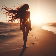 日暮黄昏海滩比基尼美女背影艺术摄影