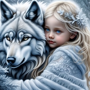 抱着一匹狼的金发碧眼小女孩图片