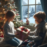 圣诞节小男孩小女孩互送礼物图片