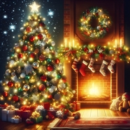 圣诞节室内圣诞树壁炉篝火图片