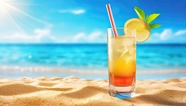 夏日阳光明媚海边沙滩果汁饮料图片