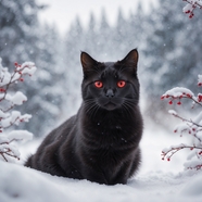 冬季雪地唯美意境黑猫写真图片