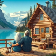 一对老夫妇山水湖畔度假插画设计图片