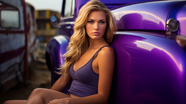 倚靠在紫色汽车边上的性感美女图片
