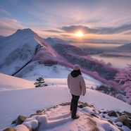 冬季登山看日出人物背影图片