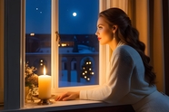欧美美女站在窗台点燃蜡烛看风景图片