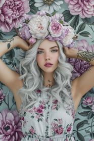 欧美白发美女花卉艺术写真摄影图片