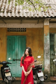 越南红色奥黛旗袍美女写真摄影图片