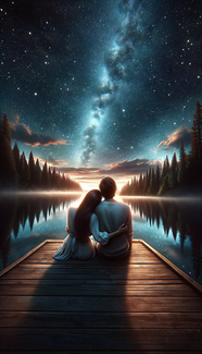 夜晚浪漫湖边看星星情侣背影图片