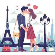 浪漫巴黎恋人接吻插画设计图片