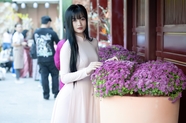 越南街头粉色奥黛旗袍美女摄影图片