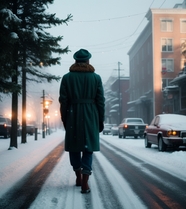 冬天下雪街头人物背影写真摄影图片